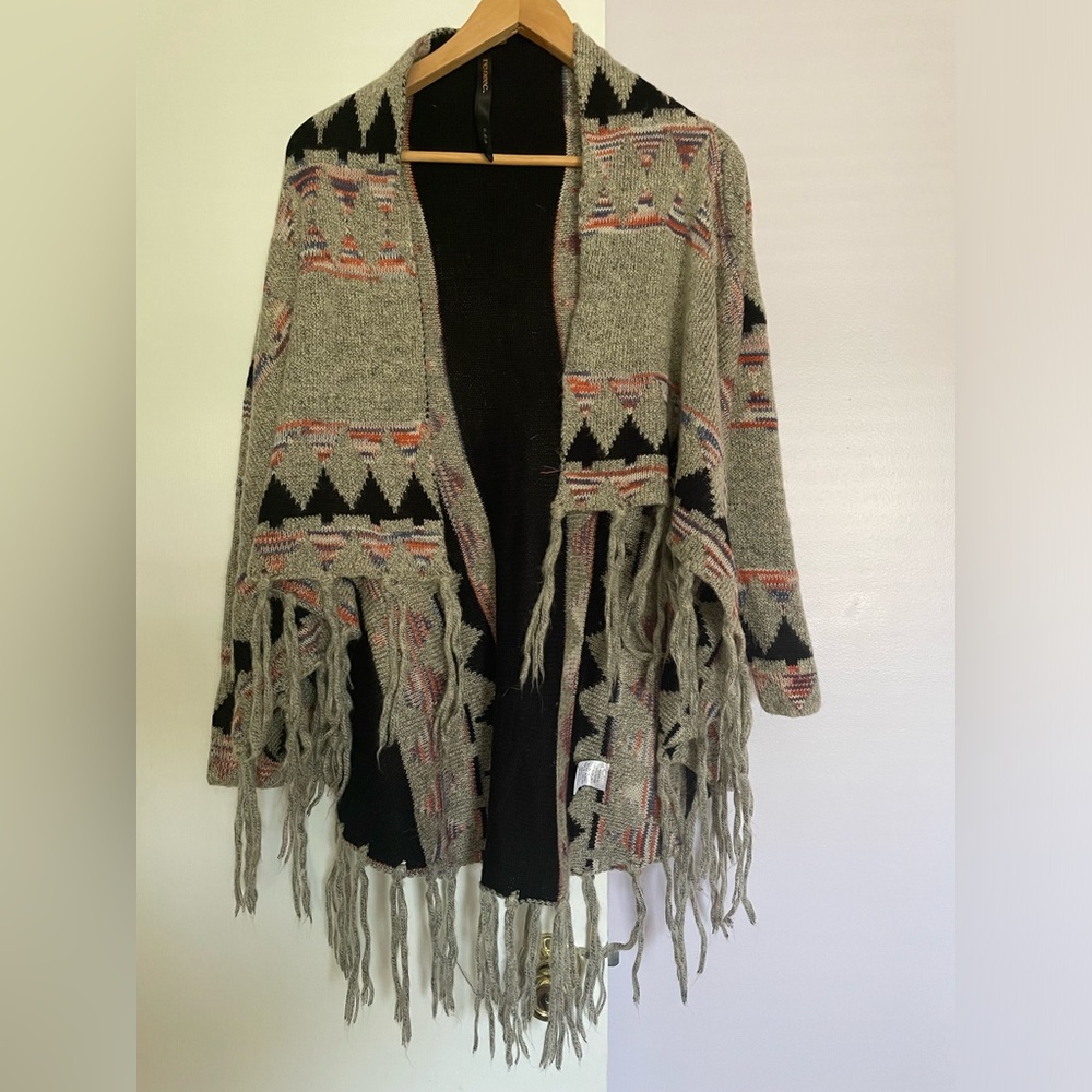 Renee C Aztec Western Fringed Open Cardigan S